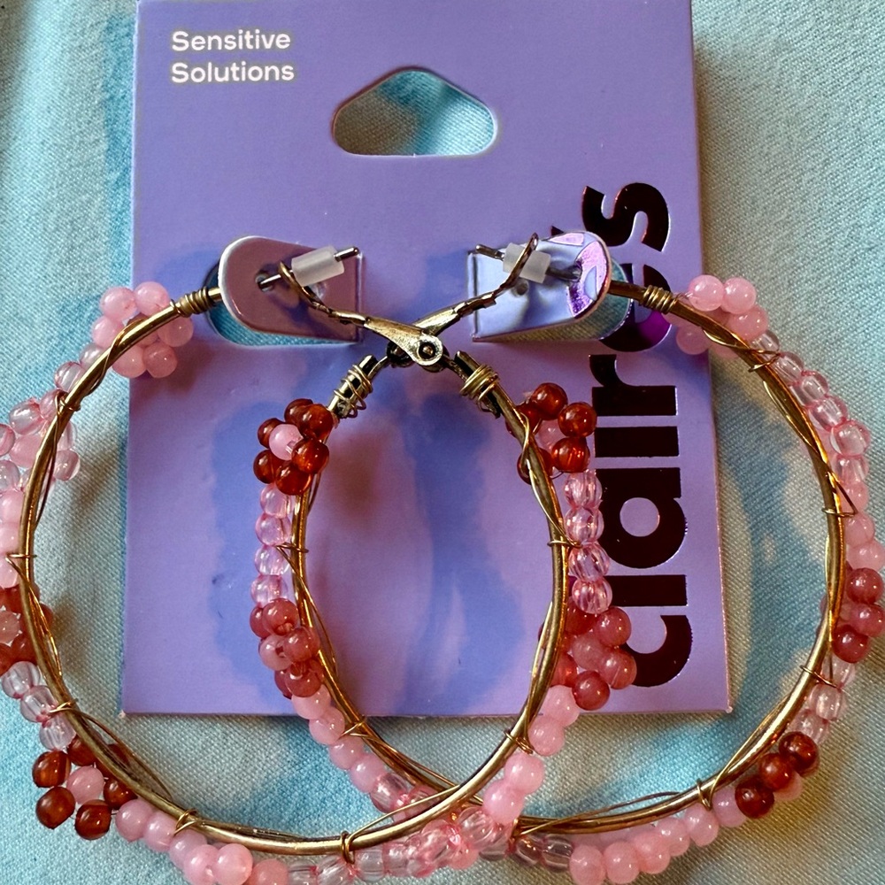 Claire's Pink and Red Beaded Flower Hoop Earrings